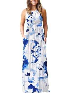 Women's Floral White Ink Summer Sleeveless Casual Tank with Pockets Maxi Dress